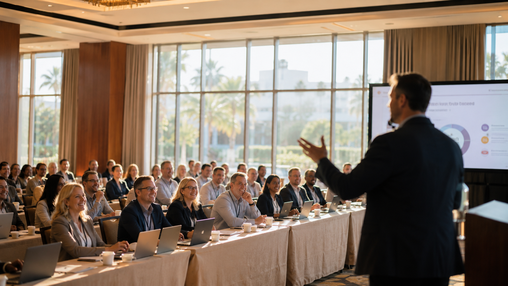 Bright hotel conference room workshop with attendees engaged at tables