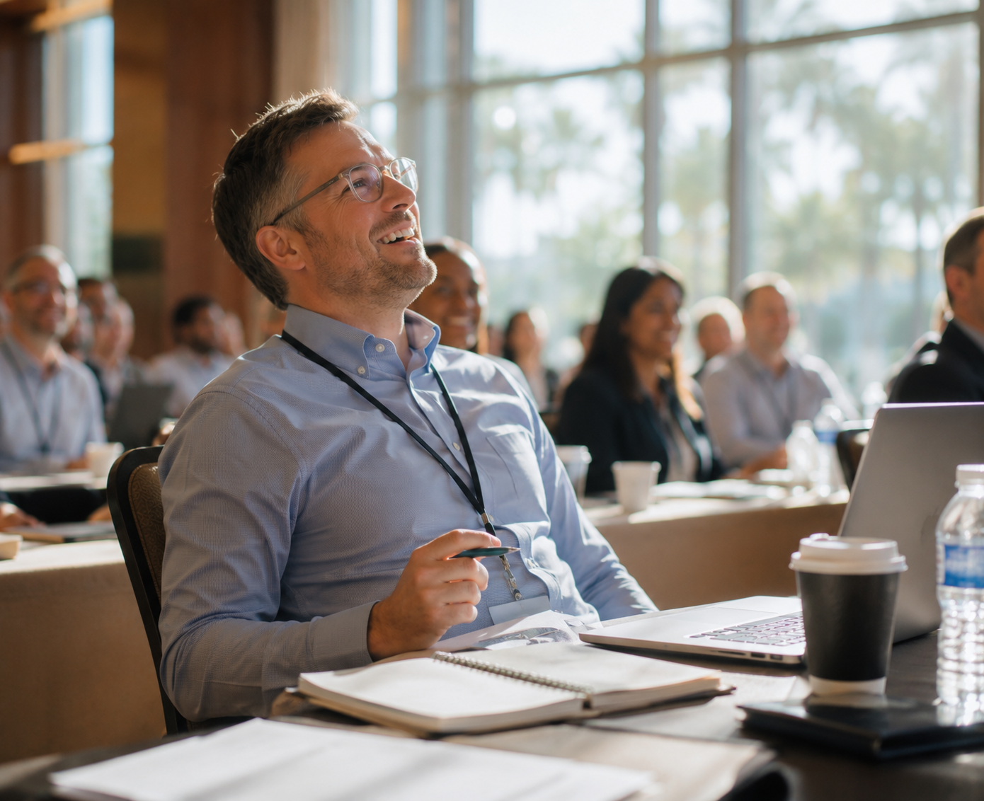 Workshop attendee having an aha moment in a bright conference room
