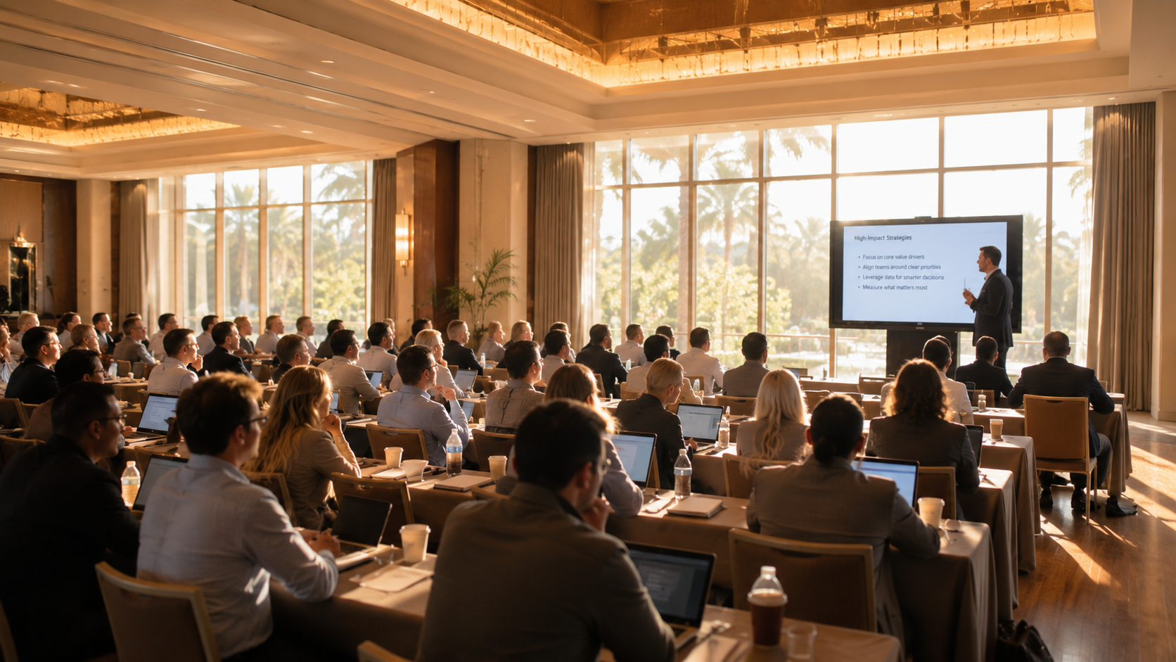 Workshop in session in a bright hotel conference room with attendees taking notes