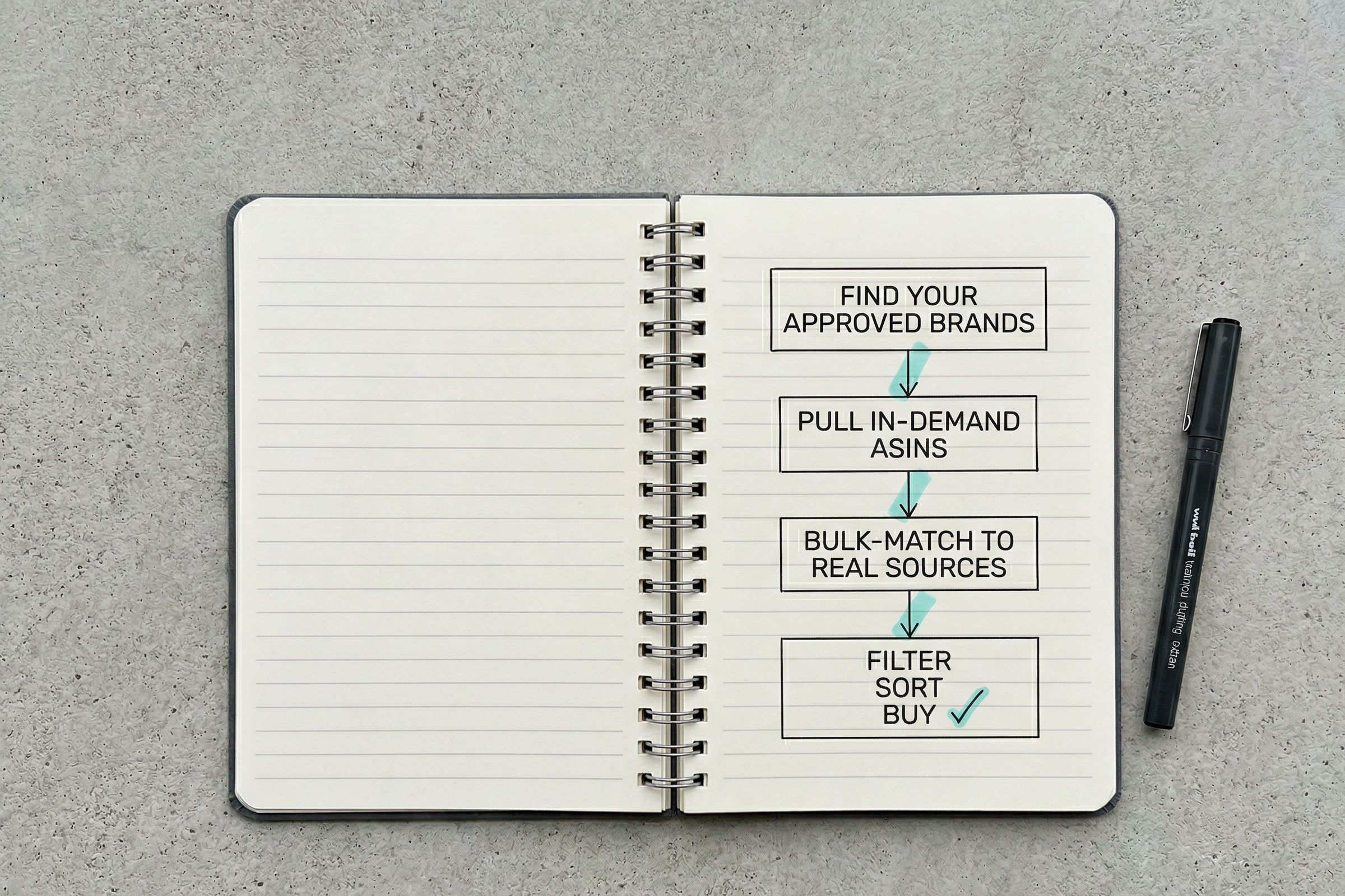 Notebook with hand-drawn sourcing pipeline flowchart
