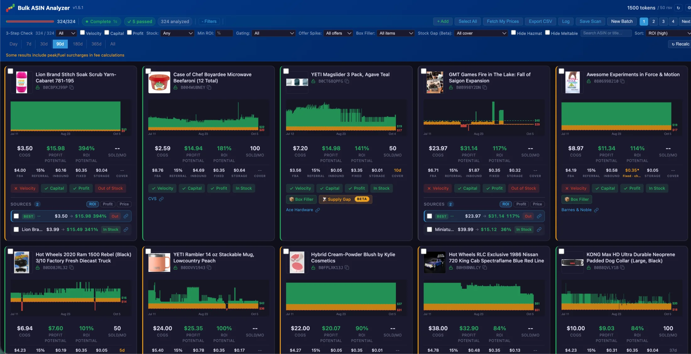Bulk ASIN Analyzer: a 324-ASIN scan with a profit chart, ROI, fees, 3-Step Check, stock and sources on every card