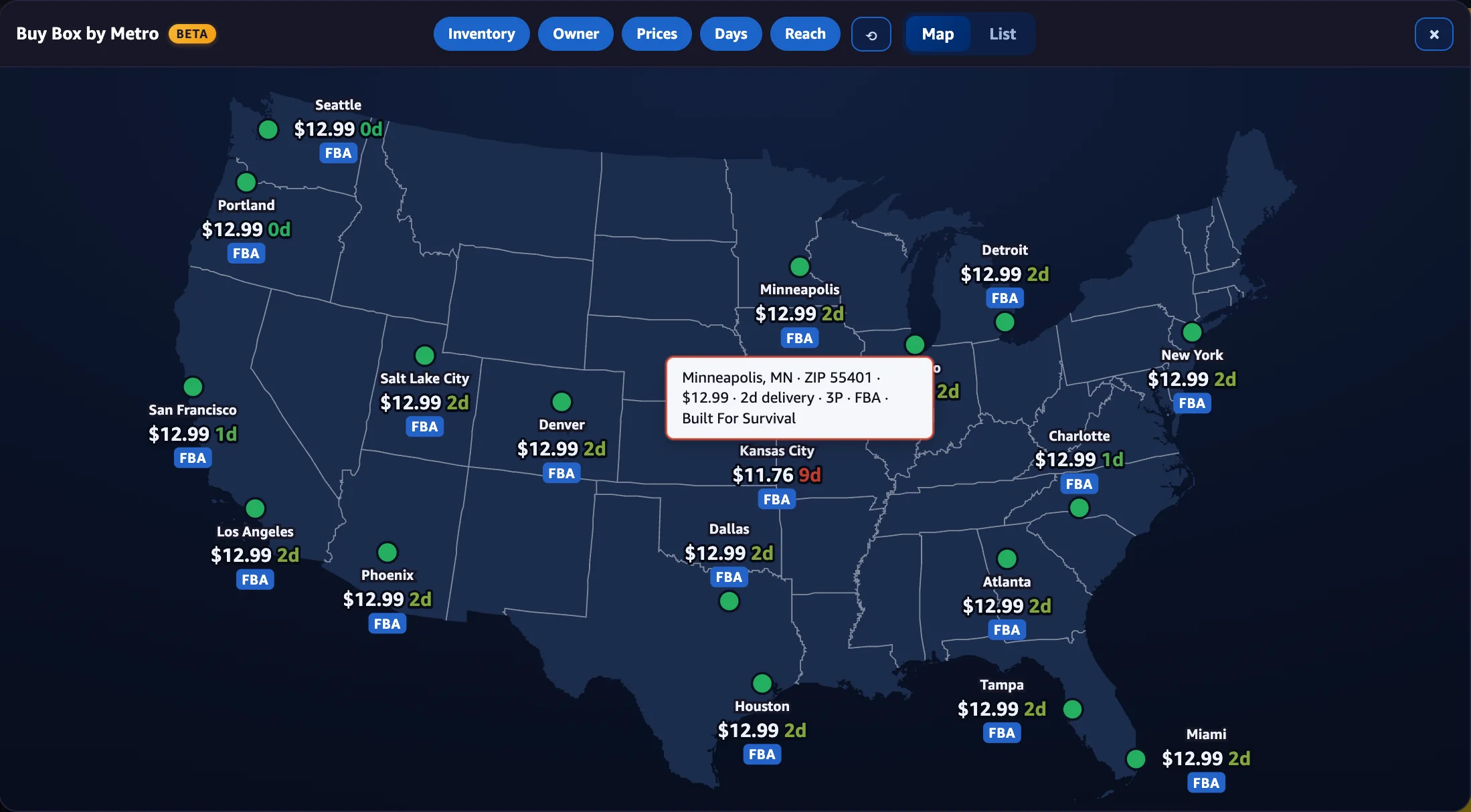 Buy Box by Metro map: the Buy Box price and delivery days in up to 18 US metros, with one metro's Buy Box holder shown